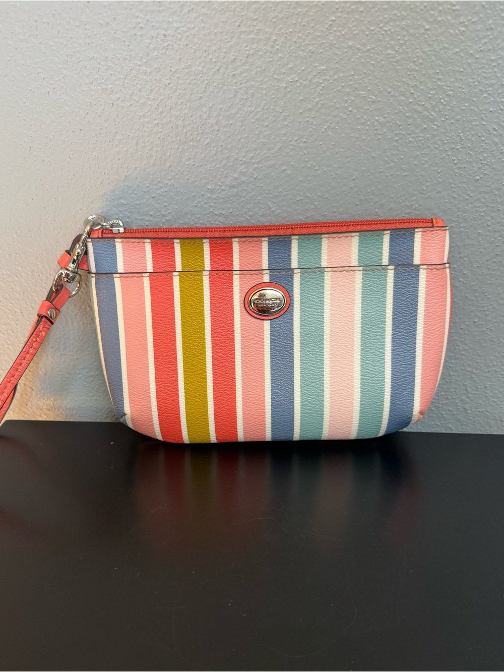 Coach Multicolor Vertical Stripe Wristlet in Coral, Pink, Blue & Yellow